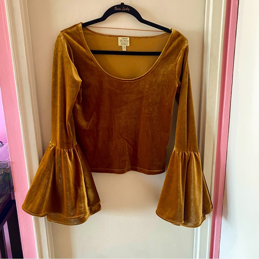 Torn by Ronny Kobo Mustard Velvet Long Sleeve Top w Bell Sleeves